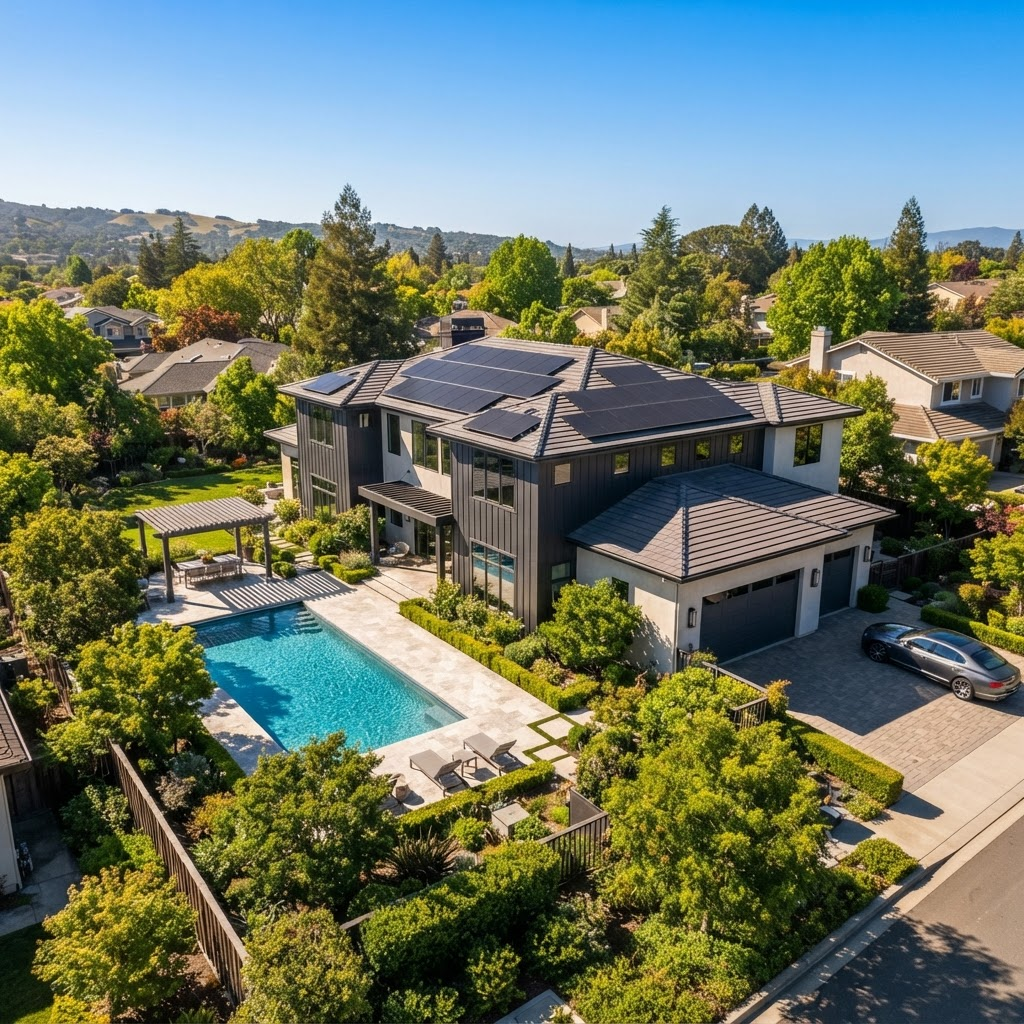 Vivienda con placas solares fotovoltaicas y piscina