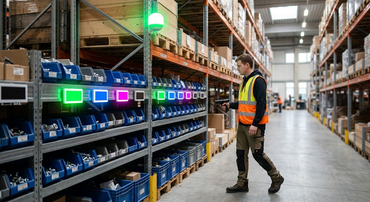 Almacén con etiquetas luminosas SSENDEN Pick & Locate encendidas en las estanterías